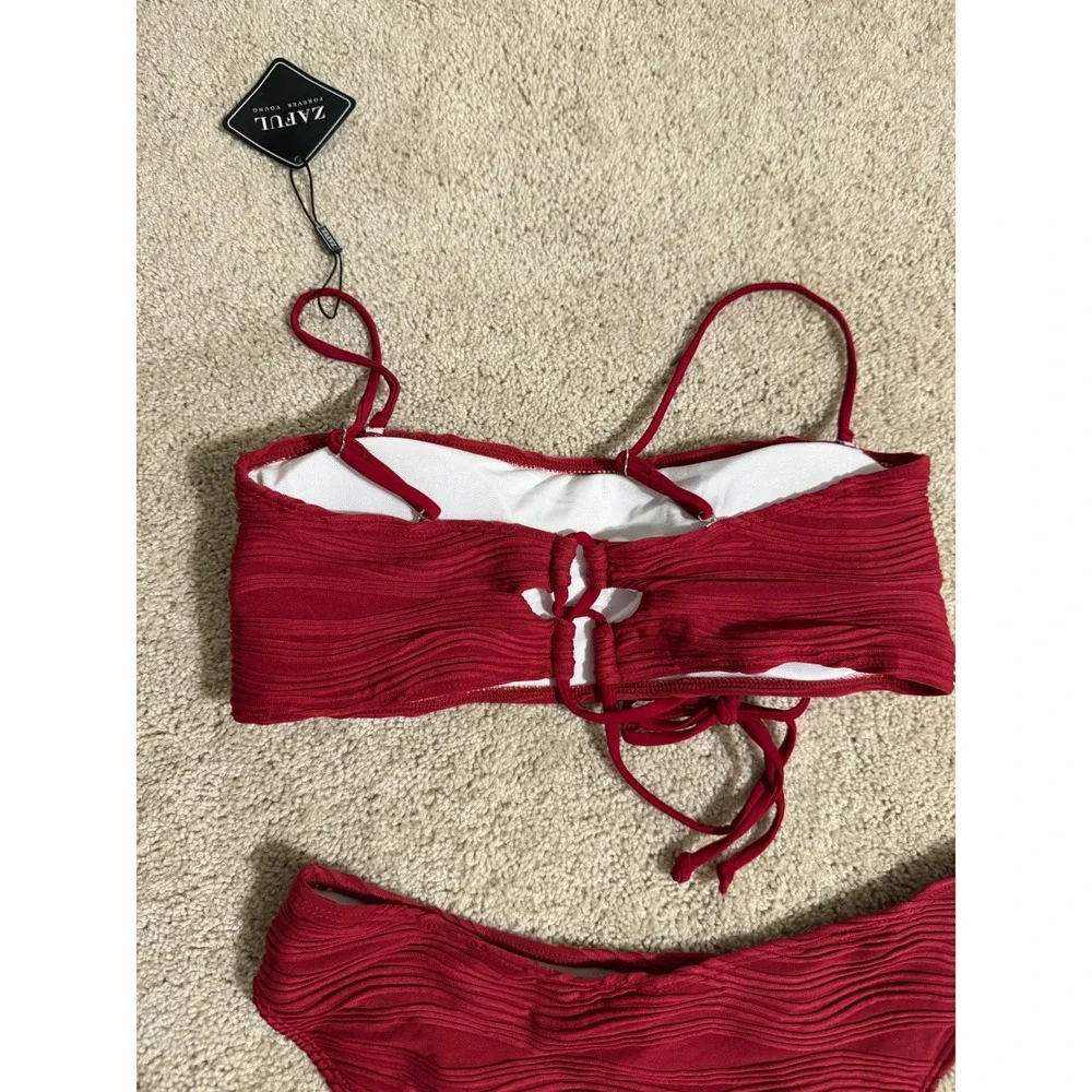 Zaful Red Textured Bikini Set Lace Up Back Two Piece‎ Swimsuit Size L US 8